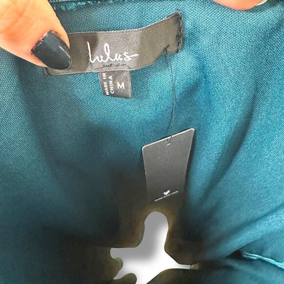 Lulus NWT Luxurious Vision Teal Blue Satin Off-the-Shoulder Mini Dress Medium - Picture 9 of 11